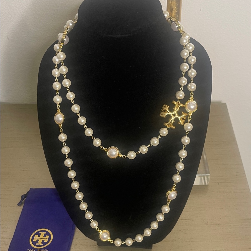 Tory Burch Pearl Necklace with a Gold Tory Burch T Accent - Picture 3 of 9